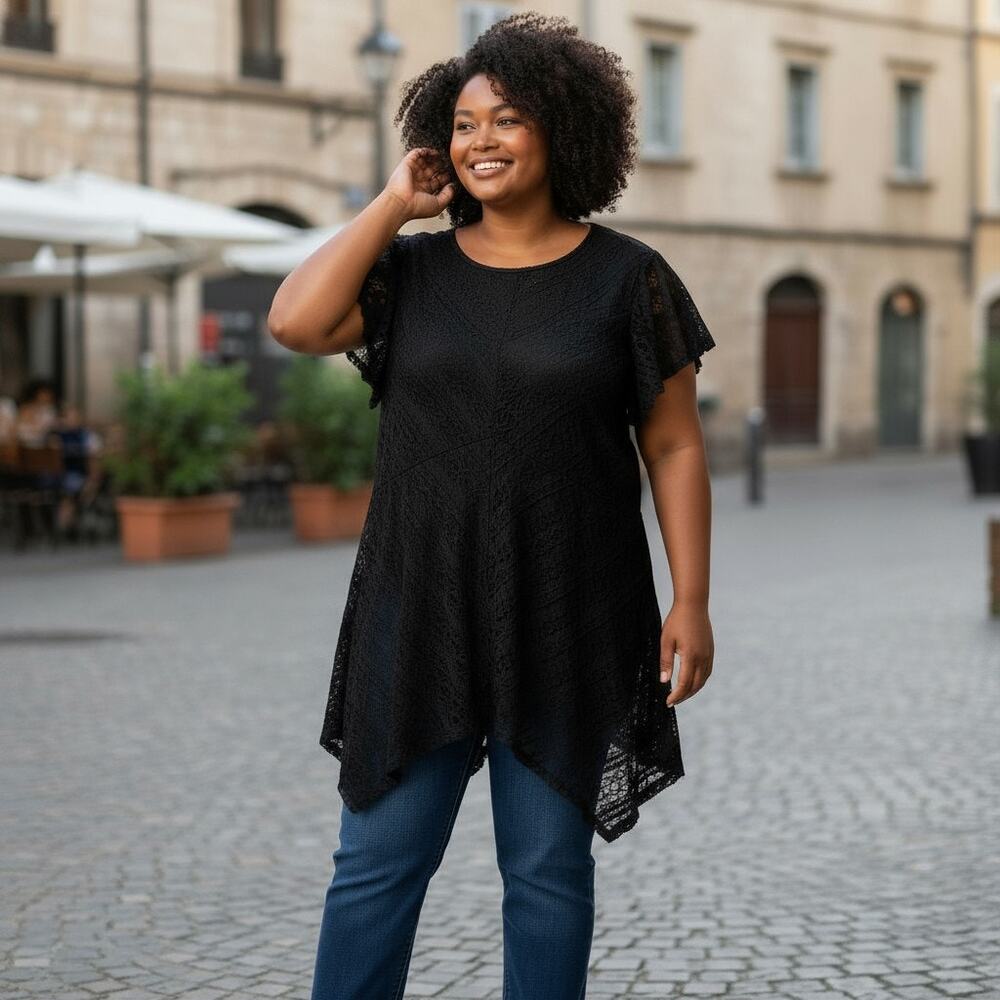 Torrid Black Lace Asymmetrical Short Sleeve Top Tee Plus Size 1X Fairy Goth Y2K